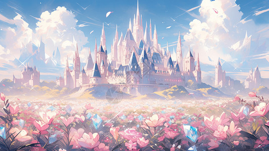 二次元动画梦幻般城堡插图背景图片