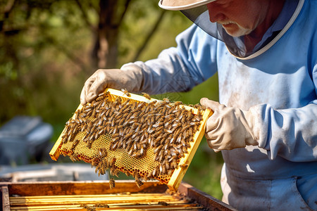 护理蜂巢的养蜂人背景图片