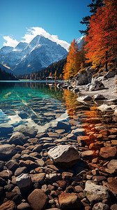 自然阿尔卑斯秋天阿尔卑斯山下湖泊景观背景