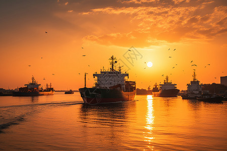 日落时海洋中的船舶图片
