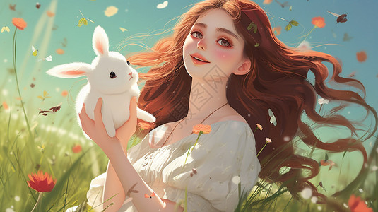 二次元抱着兔子的美少女插图图片