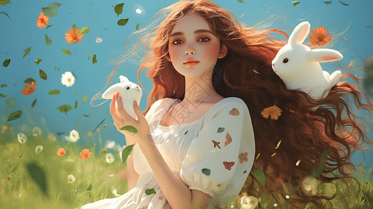 动漫风格草坪上的美少女插图背景图片