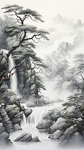 松树山水水墨画背景图片