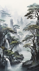 中国风山间风水画背景图片
