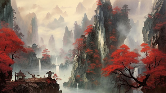 中国风山间湖泊水墨画图片