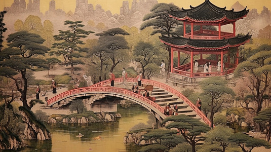 古代中国风庭院的水墨画背景图片