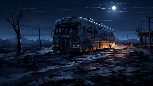 夜晚荒野中废弃的汽车插图插画