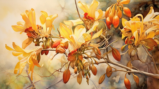 金银花树手绘金银花水彩风格插图插画