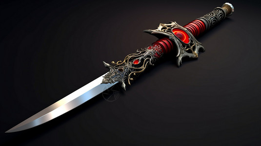 黑色古代亭子红色轴承剑设计图片