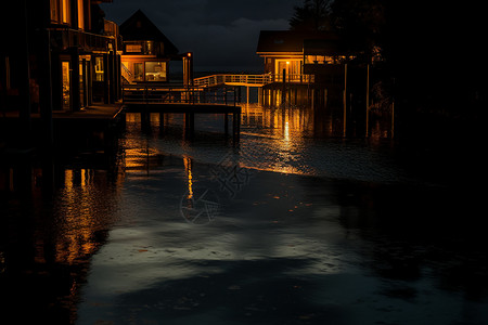 晚上湖泊上的建筑图片