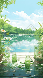 玻璃桌花瓶夏季海边度假场景插图插画