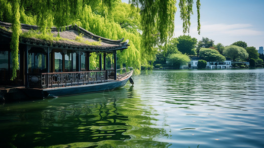 波光粼粼的湖春天的美丽景观背景