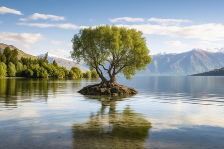 户外湖泊中的树木背景图片