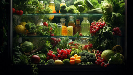 冷藏柜台冰箱里的水果和蔬菜背景