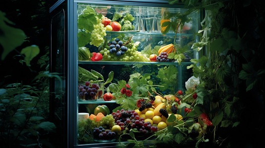 冷藏展示柜新鲜水果和蔬菜背景
