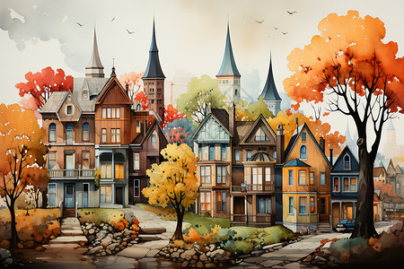 秋天城市景观背景图片