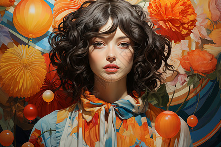 橙色花朵头超现实主义女性插画
