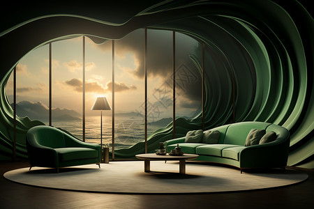 高清风景壁纸现代绿色系室内家具风景插画