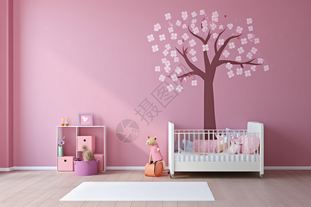 粉红色墙壁的儿童房高清图片