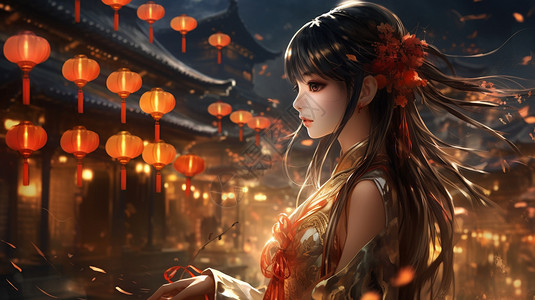 中国女孩穿汉服背景图片