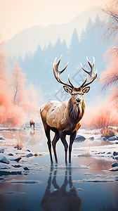 麋鹿角小圆帽雪地上的麋鹿插画