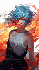 火焰剑蓝色头发的男孩插画