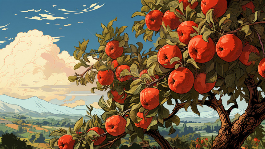 树上的苹果手绘图片