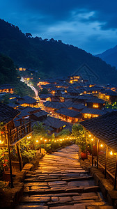 泰国民俗美丽的苗寨夜景设计图片