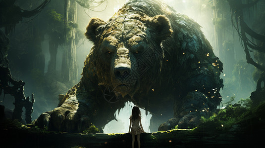 站在黑熊前面的女孩背景图片