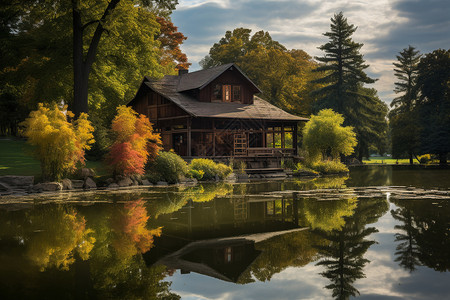 风景湖边的房子图片