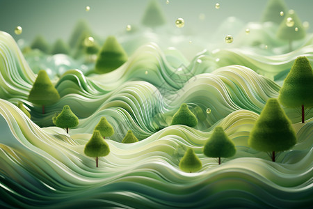 绿波抽象风格山脉树林背景设计图片