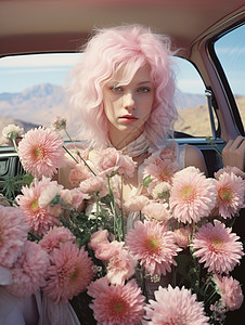 汽车中抱着鲜花的美女图片