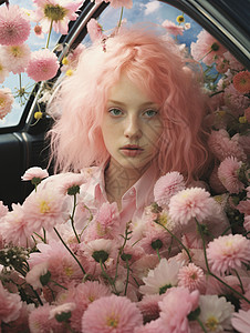汽车中被鲜花包围的梦幻女人背景图片