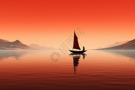 湖面船只概念艺术橙色风景中的船只插画