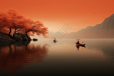 风起时日落时湖中准备回家的小船插画