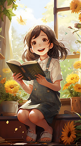看书的卡通女孩背景图片