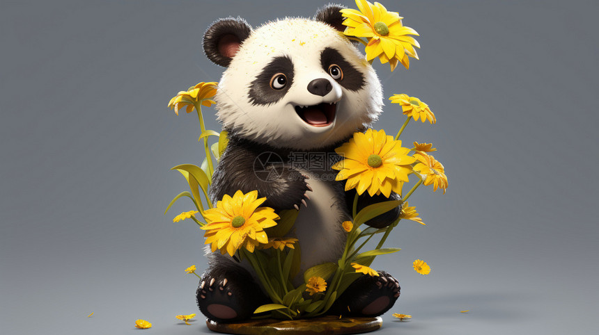 可爱的熊猫和黄花图片