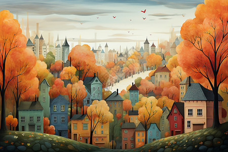 概念艺术秋天色的城市景观背景图片
