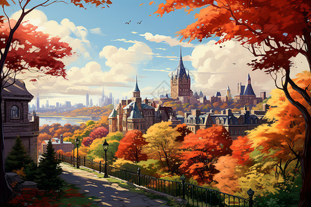 富有的艺术富有想象力的秋天城市插图插画