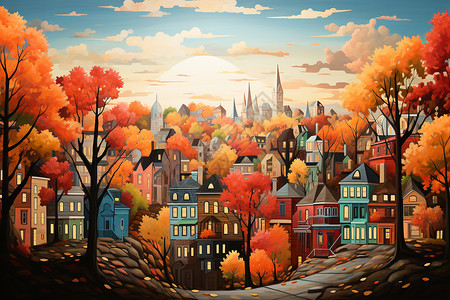 创意秋天色城市建筑景观图片