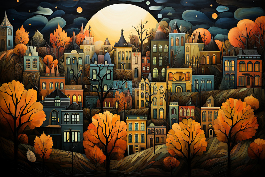 富有想象力的秋天城市插图图片