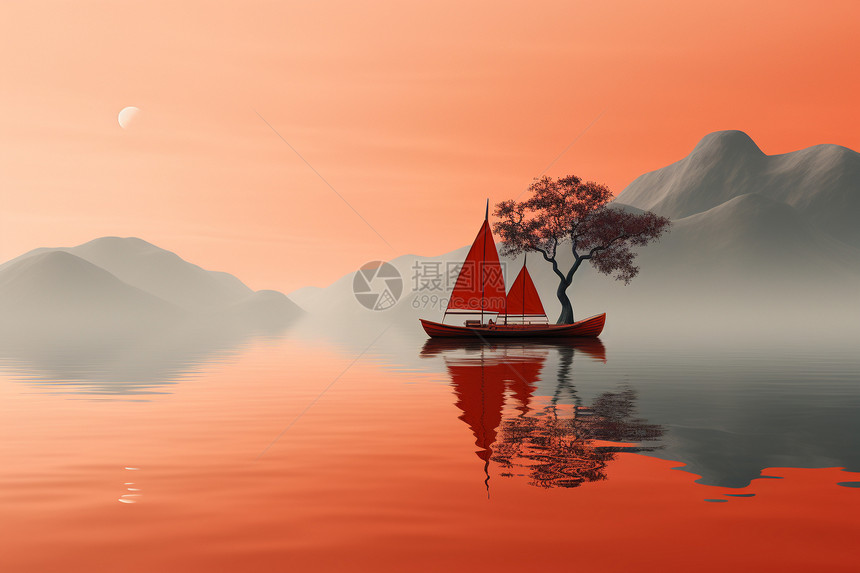 平静湖面上漂浮的船图片