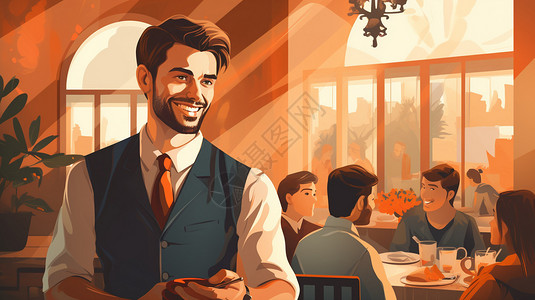 手捧香槟杯服务的男性服务员微笑的餐厅服务员插画