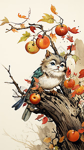 夏天猫头鹰柿子树上的猫头鹰插画
