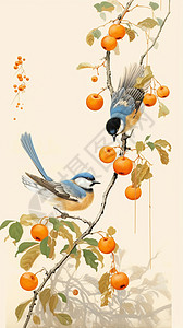 两只喜鹊柿子树上的喜鹊插画