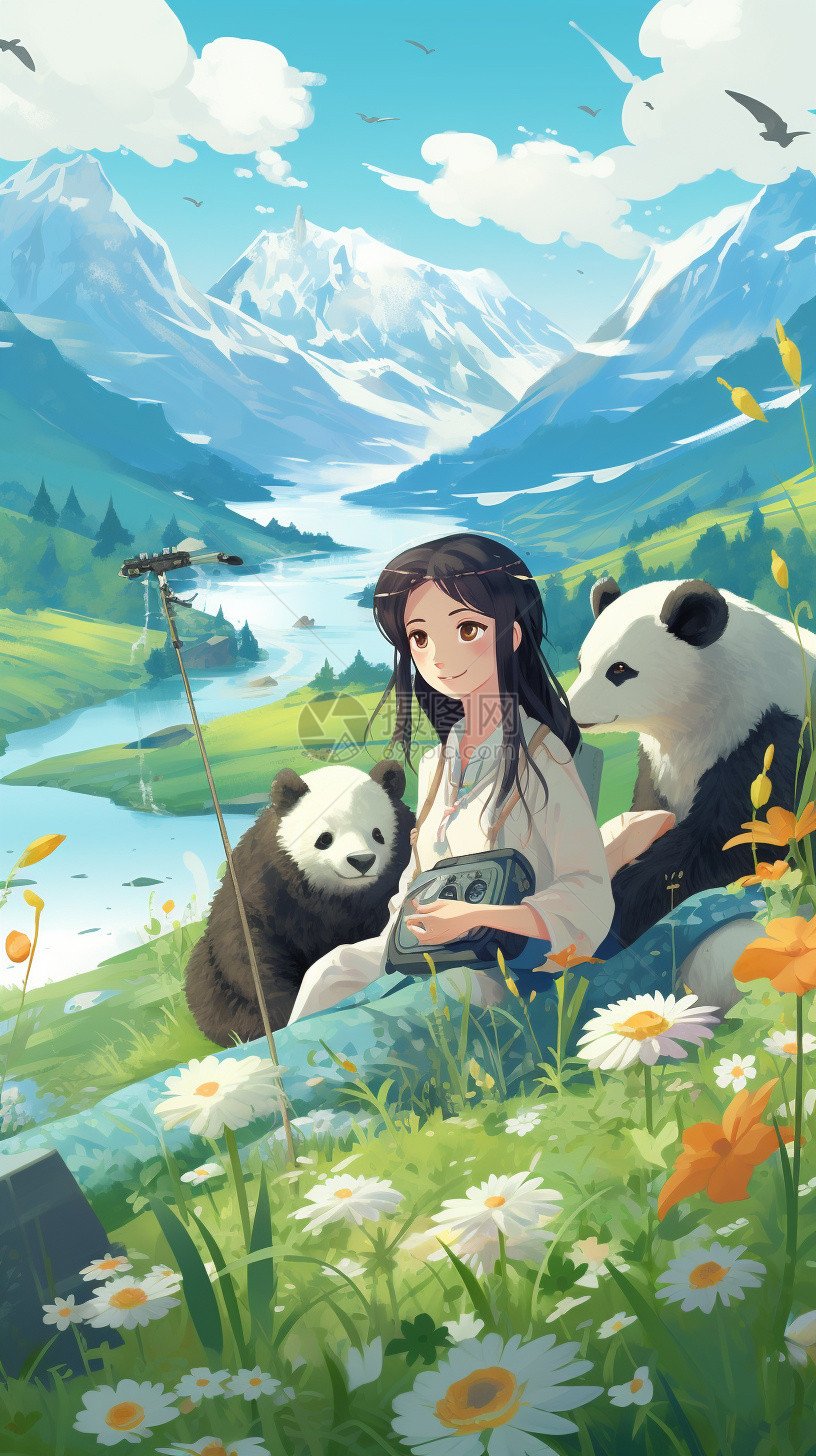 女孩旁的小熊猫图片