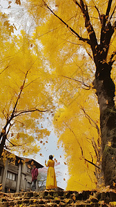 秋天金黄色的城市街道景观图片