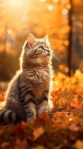 秋天草地上的猫咪图片