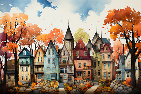 风景如画的秋天色城市背景图片