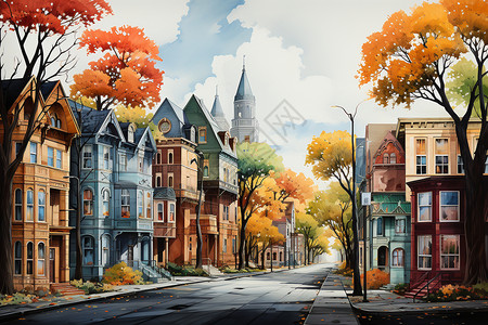 色的路充满活力的秋天色城市景观插画
